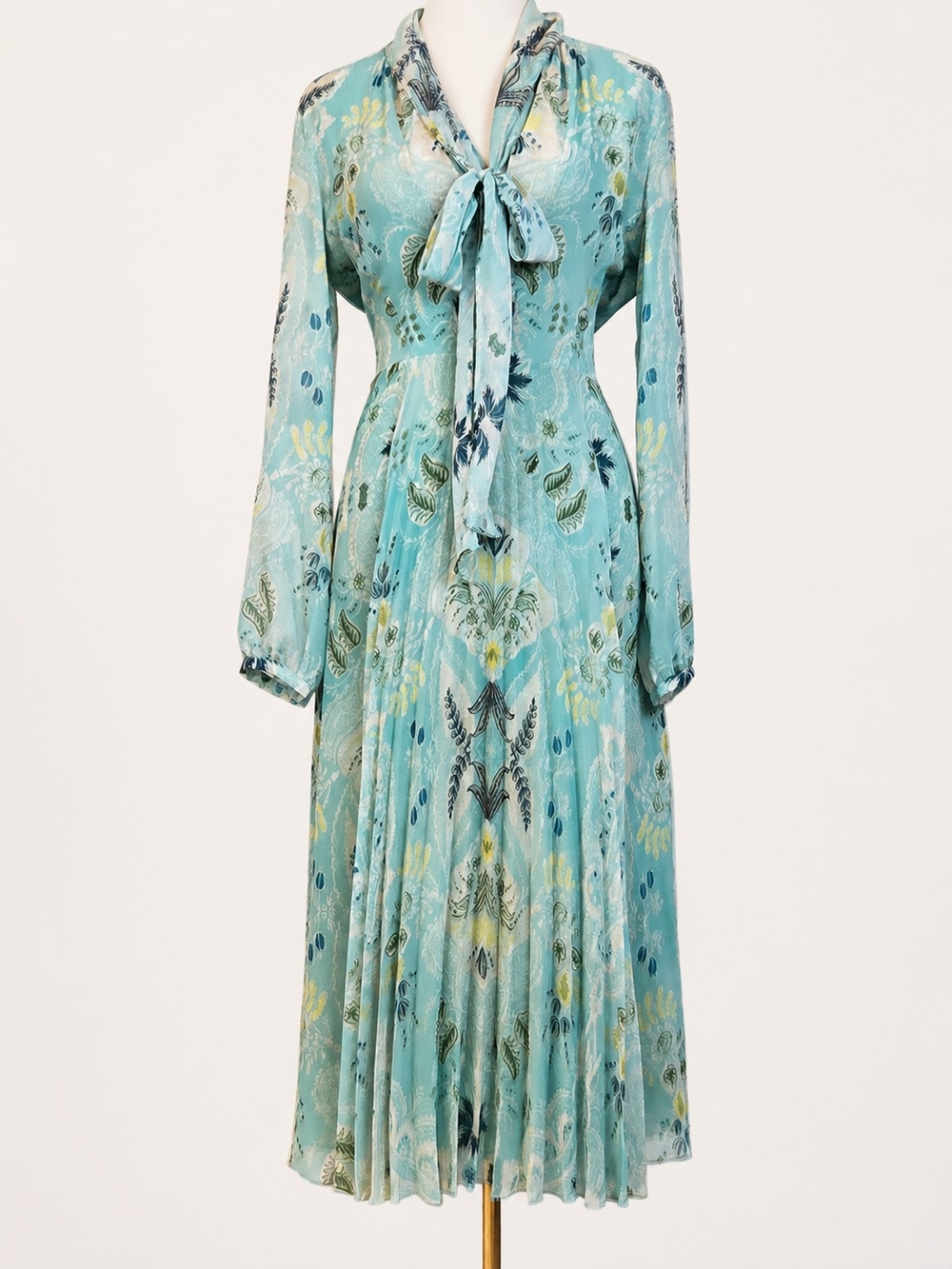 Etro Tamara Neck-Tie Pleated Midi Dress Silk Lined Azzurro Floral IT 46 Aqua NWT